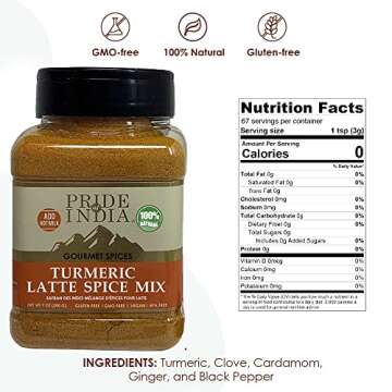 Pride of India – Turmeric Latte Spice Mix – Gourmet & Warm Tea Spice Blend – Healthy/Gluten-Free – Ideal for Lattes/Smoothies/Golden Milk – Easy to Store – 7 oz. Medium Dual Sifter Bottle