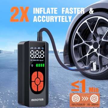 Tire Inflator Portable Air Compressor, 150PSI Portable Air Pump for Car Tires, Electric Bike Tire Pump with Digital Pressure Gauge, 2X Fast Cordless Tire Inflator for Car Bike Motorcycle Ball, Black