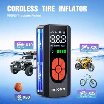 Tire Inflator Portable Air Compressor, 150PSI Portable Air Pump for Car Tires, Electric Bike Tire Pump with Digital Pressure Gauge, 2X Fast Cordless Tire Inflator for Car Bike Motorcycle Ball, Black