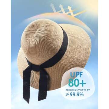 FURTALK Womens Beach Sun Straw Hat UV UPF50 Travel Foldable Brim Summer UV Hat Pure Khaki