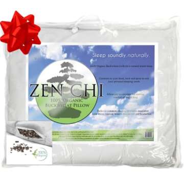 Zen Chi Organic Queen Size Buckwheat Pillow for Sleeping (20"X30") w Natural Cooling Technology, All Cotton Cover w Organic Buckwheat Hulls - Xmas Gift Sleep, Naturally Adjusts to Head