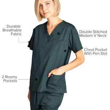 Dagacci Medical Uniform Woman and Man Scrub Set Unisex Medical Scrub Top and Pant, Hunter Green, XS