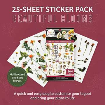 Happy Planner Sticker Pack for Calendars, Journals, and Diaries, Multicoloured Scrapbook Accessories, Beautiful Blooms Theme, 25 Sheets, 264 Total Stickers