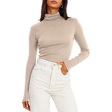 Trendy Queen Womens Turtleneck Fall Fashion Business Casual Outfits Long Sleeve Shirts Mock Neck Basic Layering Stretch Thermal Underwear Scrub Fashion Clothes Beige