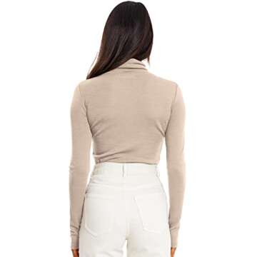 Trendy Queen Womens Turtleneck Fall Fashion Business Casual Outfits Long Sleeve Shirts Mock Neck Basic Layering Stretch Thermal Underwear Scrub Fashion Clothes Beige