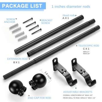 AMZSEVEN Curtain Rods for Windows 16 to 48 Inches, Curtain Rod Max Adjustable Length of 60 IN, 1" Diameter Drapery Rods Round Finials, Black