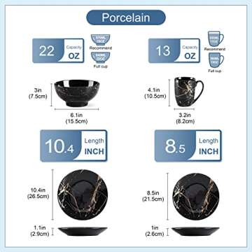 LOVECASA Black Plates and Bowls Sets for 4, Porcelain Dinnerware Sets 16 Piece Gold Splash Glaze Ceramic Dish Set, Round Dinner Set with Mugs, Dishwasher Microwave Safe