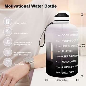 QuiFit Motivational Gallon Water Bottle - with Straw & Time Marker BPA Free Large Reusable Sport Water Jug with Handle for Fitness Outdoor Enthusiasts Leak-Proof (Gray/Black Gradient,1 gallon)