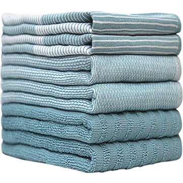 Premium Kitchen Towels (20”x 28”, 6 Pack) | Large Cotton Hand Dish Flat & Terry Towel Highly Absorbent Tea Set with Hanging Loop Aqua