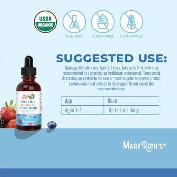 USDA Organic Toddler Liquid Zinc Drops by MaryRuth's | Zinc Sulfate | Immune Support Supplement| Skin Health | Vegan | Formulated for Ages 1-3 | Delicious Berry Flavor | 1 Month Supply | 2 Fl Oz