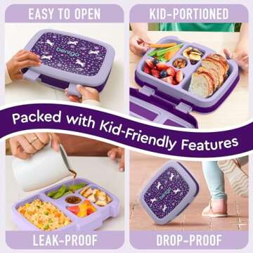 Bentgo Kids Prints Leak-Proof, 5-Compartment Bento-Style Kids Lunch Box - Ideal Portion Sizes for Ages 3-7, Durable, Drop-Proof, Dishwasher Safe, & Made with BPA-Free Materials (Unicorn)