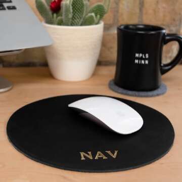 Custom Round Leather Mouse pad. Perfect Gift For Weddings, Anniversaries, Birthdays, And Special Occasions. Monogrammed Mouse pad. Personalized WFH Mousepad. Work From Home. Minimal Home.