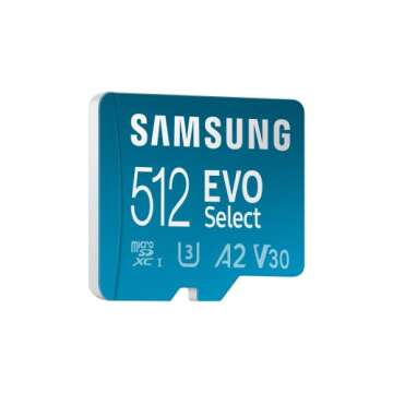 SAMSUNG EVO Select Micro SD-Memory-Card + Adapter, 512GB microSDXC 130MB/s Full HD & 4K UHD, UHS-I, U3, A2, V30, Expanded Storage for Android Smartphones, Tablets, Nintendo-Switch (MB-ME512KA/AM)