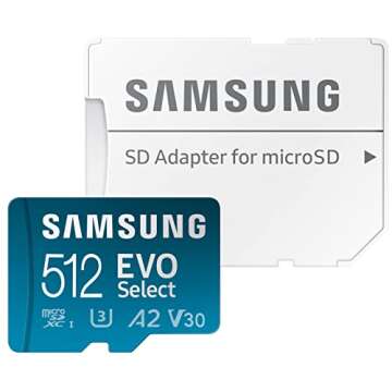 SAMSUNG EVO Select Micro SD-Memory-Card + Adapter, 512GB microSDXC 130MB/s Full HD & 4K UHD, UHS-I, U3, A2, V30, Expanded Storage for Android Smartphones, Tablets, Nintendo-Switch (MB-ME512KA/AM)