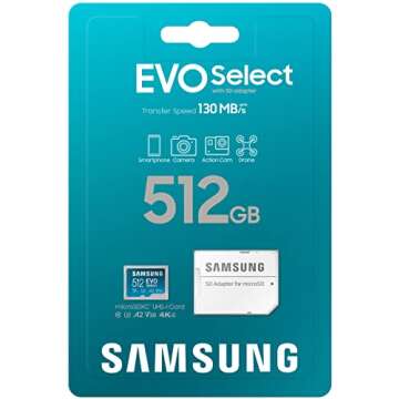 SAMSUNG EVO Select Micro SD-Memory-Card + Adapter, 512GB microSDXC 130MB/s Full HD & 4K UHD, UHS-I, U3, A2, V30, Expanded Storage for Android Smartphones, Tablets, Nintendo-Switch (MB-ME512KA/AM)