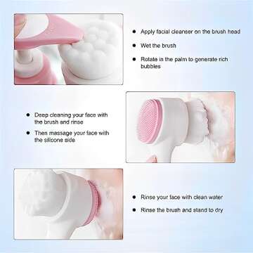 Manual Facial Cleansing Brush, Double-Headed Skin Care face Brush,Silicone Face Cleaning Beauty Brush for Deep Pore Cleaning, Exfoliating (Pink)