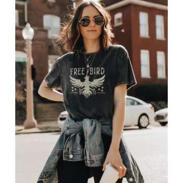 KEKEMI Vintage Rock Band Tshirts Women Retro Free Bird Western Graphic Tees Country Music Shirts Casual Short Sleeve Tops(Black-73,Small)