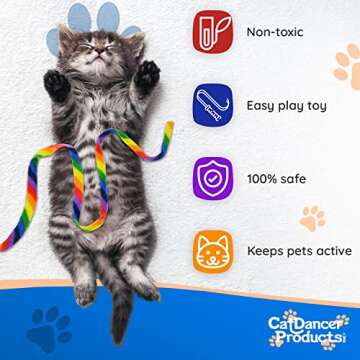 Cat Dancer Products Rainbow Cat Wand Charmer, Safe Teaser Wand for Indoor Cats & Kittens, Flexible Exercise Toy Made of Multicolor Fabric Ribbon, For Medium Breeds