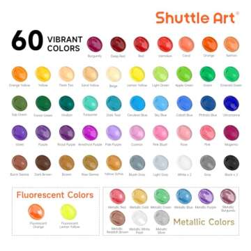 72 Pack Acrylic Paint Set, Shuttle Art 60 Colors Acrylic Paint Including Extra White Black & 12 Brushes, 2oz/60ml, Rich Pigmented, Water Proof, Ideal for Artists, Beginners on Canvas Rock Wood Ceramic