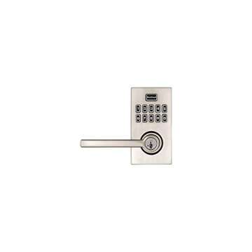 Kwikset 99170-003 SmartCode 917 Keypad Keyless Entry Contemporary Residential Electronic Lever Lock Deadbolt Alternative with Halifax Door Handle and SmartKey Security, Satin Nickel