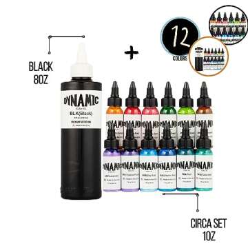 Dynamic Color Co - Dynamic Tattoo Ink Set, 12-Color Circa Tattoo Ink Set & 8oz Bottle of Dynamic Black Tattoo Ink, Premium Quality for Tattoo Artists