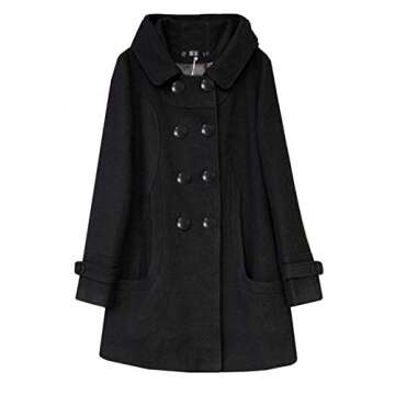 Tanming Women's Warm Double Breasted Wool Pea Coat with Hood - Stylish Black Trench Jacket for Cold Weather