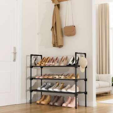 LANTEFUL 3 Tier Shoe Rack for Closet, Shoe Organizer with 5 Hooks, Long Shoe Shelf Storage for Shoe and Boot Stackable Free Standing Shoe Rack for Entryway, Garage, Small Spaces, Dorm, Black