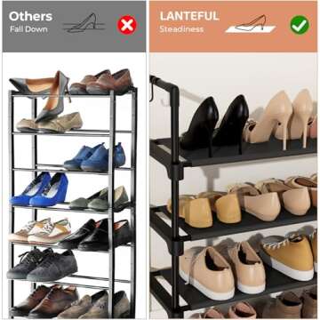 LANTEFUL 3 Tier Shoe Rack for Closet, Shoe Organizer with 5 Hooks, Long Shoe Shelf Storage for Shoe and Boot Stackable Free Standing Shoe Rack for Entryway, Garage, Small Spaces, Dorm, Black