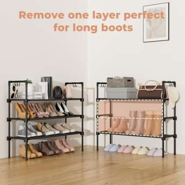 LANTEFUL 3 Tier Shoe Rack for Closet, Shoe Organizer with 5 Hooks, Long Shoe Shelf Storage for Shoe and Boot Stackable Free Standing Shoe Rack for Entryway, Garage, Small Spaces, Dorm, Black