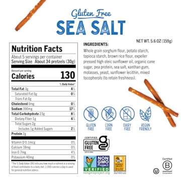 Quinn Gluten Free Sea Salt Pretzel Sticks - Whole Grain, Made with Real Ingredients, Whole Grain Sorghum, Sea Salt, Vegan, Gluten Free, Dairy Free, Non-GMO - 5.6 Oz (Pack of 8)