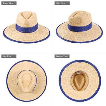 Women's Straw Hat Wide Brim Panama Hats Fedora Sun Hat Summer UV Protection UPF50+ Beach Cap for Both Women Men (Natural & Blue 1)