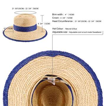 Women's Straw Hat Wide Brim Panama Hats Fedora Sun Hat Summer UV Protection UPF50+ Beach Cap for Both Women Men (Natural & Blue 1)