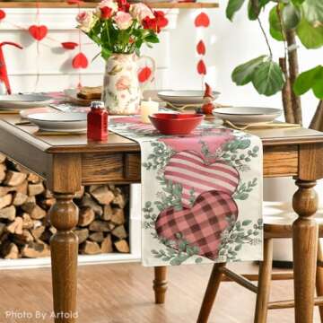 Artoid Mode Pink Eucalyptus Hearts Valentine's Day Table Runner, Anniversary Holiday Kitchen Dining Table Decoration for Home Party Decor 13x36 Inch