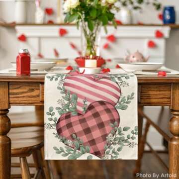 Artoid Mode Pink Eucalyptus Hearts Valentine's Day Table Runner, Anniversary Holiday Kitchen Dining Table Decoration for Home Party Decor 13x36 Inch