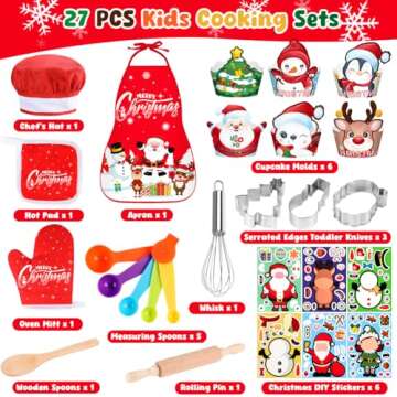 Labeol Christmas Kitchen Kids Cooking Sets Real, 27 PCS Kids Baking Sets with Kids Apron, Chef Hats and Oven Mitts for Christmas Dinner Party Baking, Fun Christmas Cooking Sets Gifts for Boys Girls