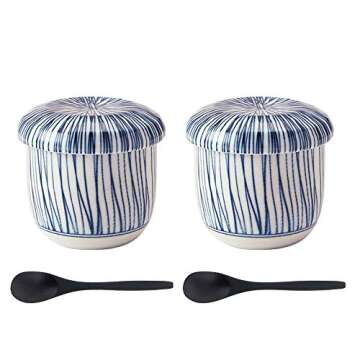 Zen Table Japan Blue and White Stripe Chawanmushi Cup With Lid and Spoon Set of 2 Made in Japan