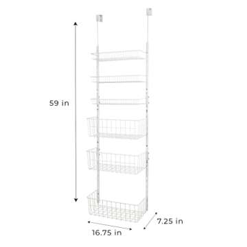 Smart Design Over The Door Pantry Organizer Rack with 6 Adjustable Shelves - Steel Metal Wire Baskets and Frame - Hanging - Wall Mountable - Cans, Spice, Storage, Closet, Bathroom, Kitchen - White