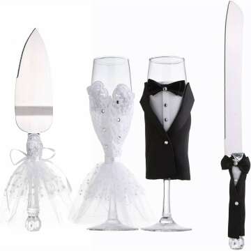 4 Piece Wedding Reception Supplies Wedding Toasting Flutes and Cake Server Set -2 Champagne Glasses, 1 Cutting Knife and 1 Pie Server, Bride and Groom Gifts Wedding Gifts (Gorgeous)