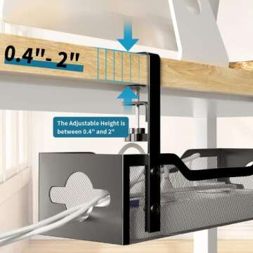 Under Desk Cable Management Tray No Drill, Metal Mesh Cable Management Under Desk with Clamp Mount, 2 Hole Cable Tray with Desk Wire Management and Desk Cord Organizer for Home Office Standing Desk