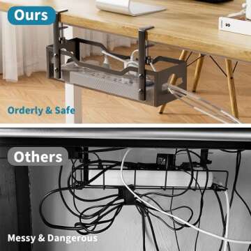 Under Desk Cable Management Tray No Drill, Metal Mesh Cable Management Under Desk with Clamp Mount, 2 Hole Cable Tray with Desk Wire Management and Desk Cord Organizer for Home Office Standing Desk