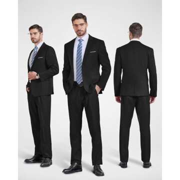 YND Men's Slim Fit 2 Piece Suit, One Button Jacket Pants Set with Tie, Solid Party Wedding Dress Blazer, Tux Trousers, Black