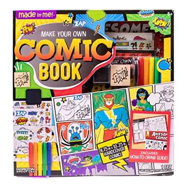 Made By Me Make Your Own Comic Book Storytelling Kit for Kids, 15-Page, Hardcover, How-to Draw Instructional Guide, Comic Inspired Stickers & Stamp, Holographic Stickers, 5 Vibrant Markers