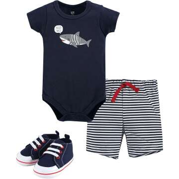 Buy Hudson Baby Unisex Baby Cotton Bodysuit, Shorts and Shoe Set, Blue Shark, 12-18 Months and other Layette Sets at Amazon.com. Our wide selection is elegible for free shipping and free returns.