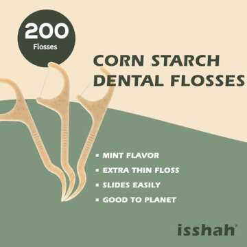 Natural Dental Floss Picks - 200 Count - PETA Approved, BPA Free, Vegan, Sustainable, Eco Friendly, Natural Dental Flossers by Isshah (Mint)