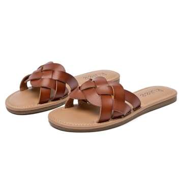 Women's Flat Slides Sandals, Round Open Toe Wrap instep Braided Strap Slippers Comfortable Casual Summer Beach Shoes for Women(LR22007,Brown,Size9)