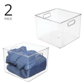 mDesign Small Modern Plastic Storage Organizer Bin Basket with Handles for Home Closet Organization - Shelf, Cubby, Cabinet, and Cupboard Organizing Decor - Ligne Collection - 2 Pack - Clear