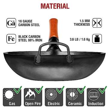 YOSUKATA Carbon Steel Wok Pan – 13,5 “ Stir Fry Pans - Chinese Wok with Flat Bottom Pow Wok - Traditional Japanese Woks - Black Carbon Steel