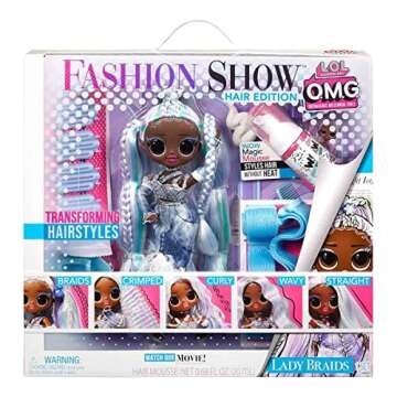 L.O.L. Surprise! OMG Fashion Show Hair Edition Lady Braids 10" Fashion Doll w/Magic Mousse, Transforming Hair, Including Stylish Accessories, Holiday Toy Playset, Gift for Kids Ages 4 5 6+ & Collectors