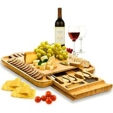 Premium Cheese Board and Knife Set - Bamboo Wood Charcuterie Board Set & Cheese Board Accessories Set - Kitchen Wine & Meat Cheese Serving Platter - Unique Housewarming and Wedding Gift