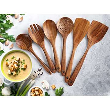 Zulay Kitchen 6-Piece Wooden Spoons for Cooking - Smooth Finish Teak Wooden Utensils for Cooking - Soft Comfort-Grip Wood Spoons for Cooking - Non-Stick Wooden Cooking Utensils - Wooden Spoon Sets